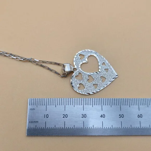 24 Inch Sterling Silver Large Textured Unique Heart Necklace A5946 - Picture 7 of 8